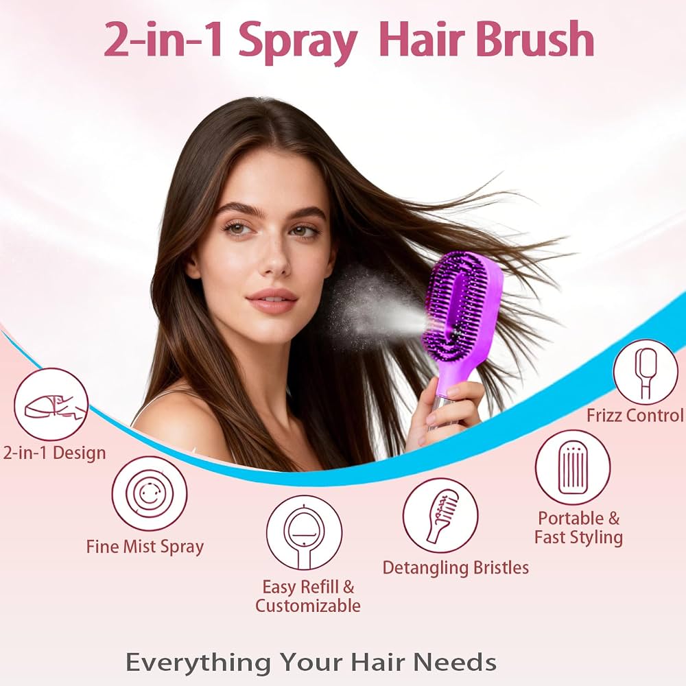 Mister Brush 2-in-1 Hair Brush with Water Spray, Fine Mist Detangling Hair Brush for Curly, Thick & Wavy Hair, Anti-Frizz Wet & Dry Styling Tool for Women & Girls