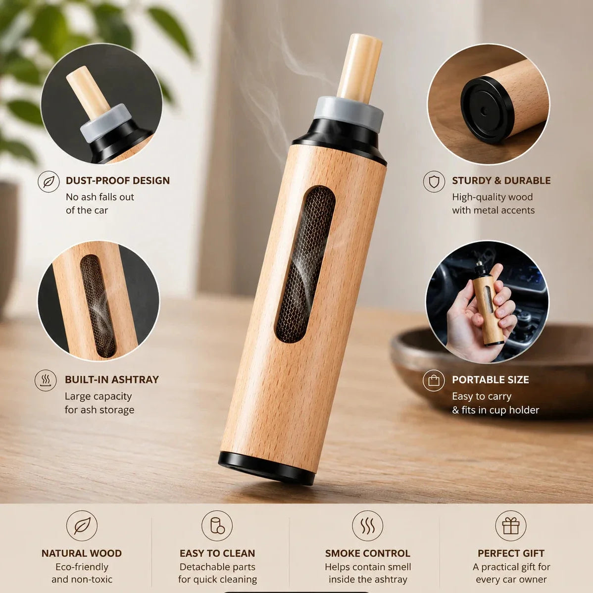 Luxury Wooden Mini Portable Car Ashtray